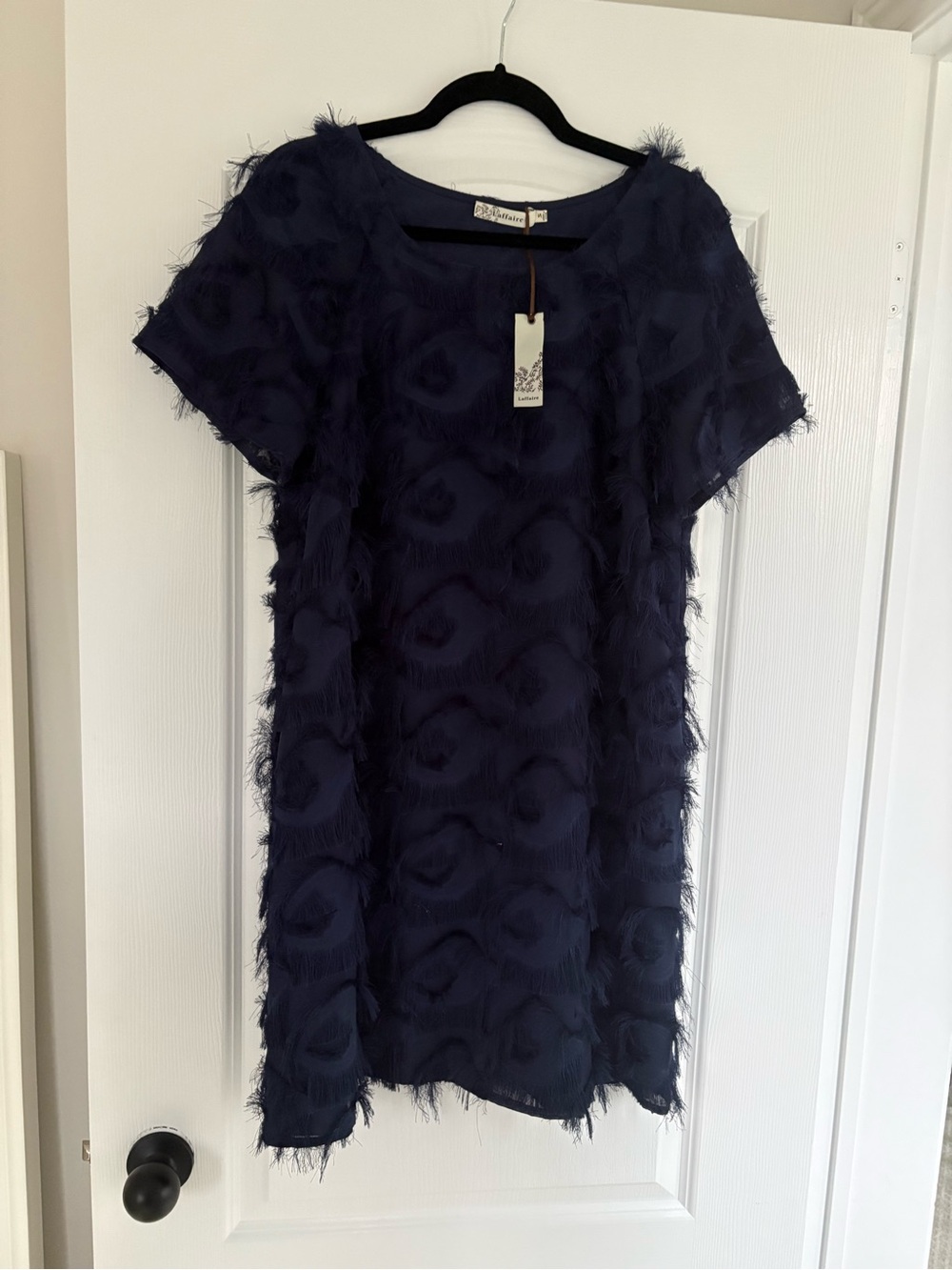 Navy Short-Sleeve Textured Shift Dress